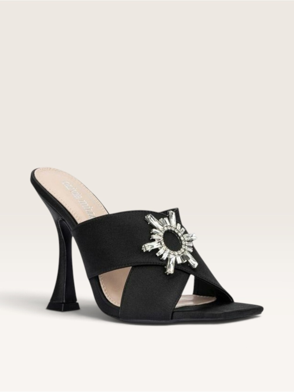 Olivia Miller Black Satin Mule Heels with Crystal Sunburst Accent